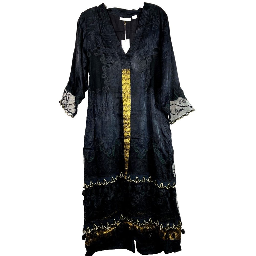 S NWT Nataya Black Mesh Gold Trim Flapper Goth Style Dress Net Pom Pom Ball